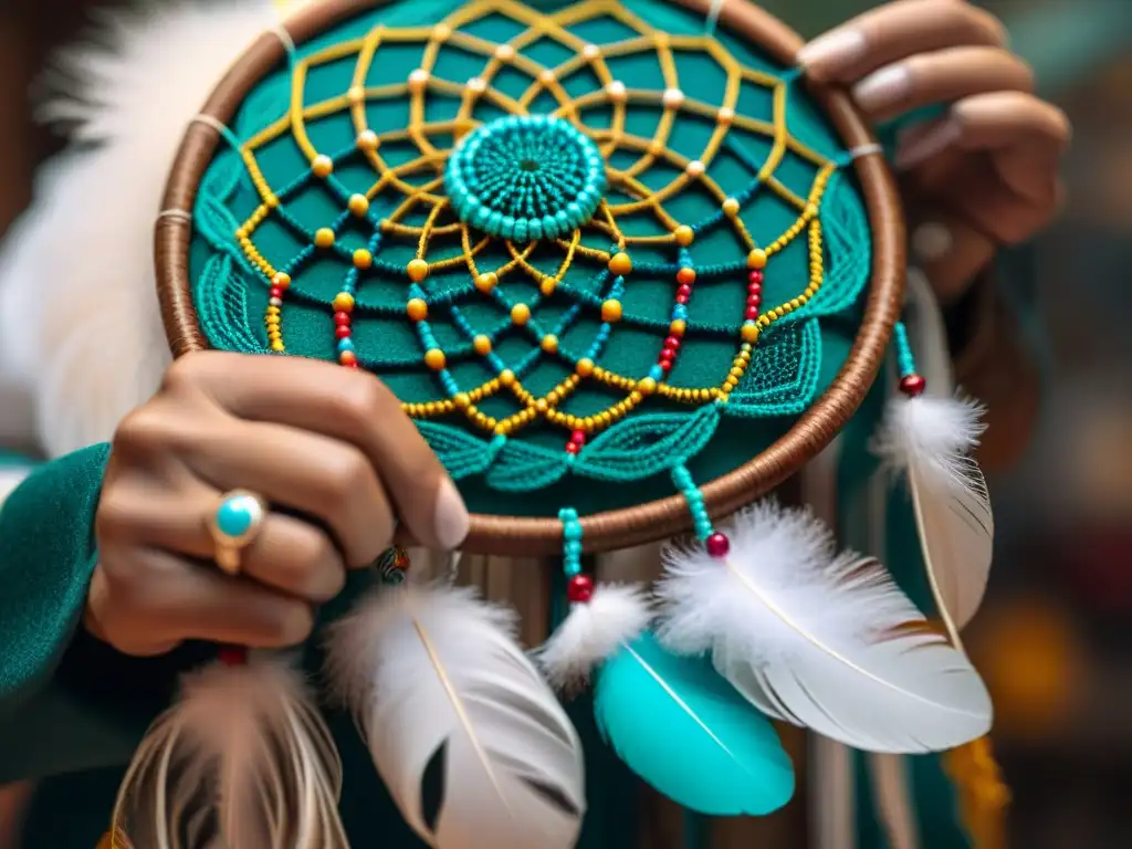 Un artesano hábil crea un atrapasueños tradicional rodeado de cuentas y plumas coloridas, en un ambiente tranquilo y místico