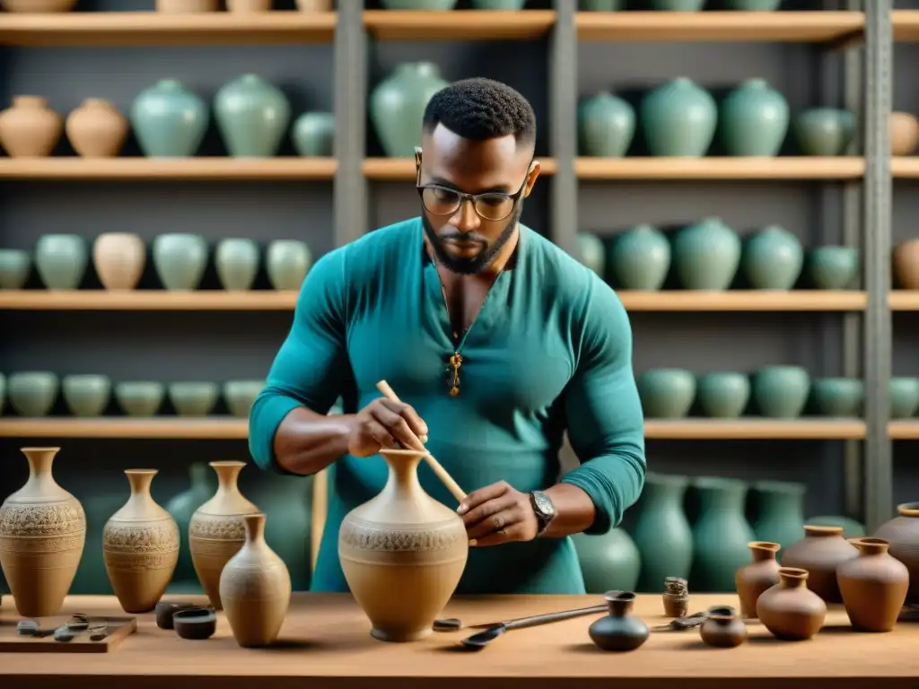 Restauración artesanal de vasija antigua: Arte en acción Un artesano restaura con cuidado un antiguo jarrón, destacando el proceso meticuloso de restauración de artefactos antiguos dañados