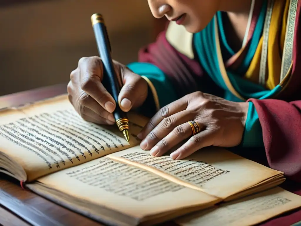 Un artesano restaura con delicadeza un antiguo manuscrito sagrado tibetano, resaltando la esencia de la restauración de manuscritos sagrados Tíbet