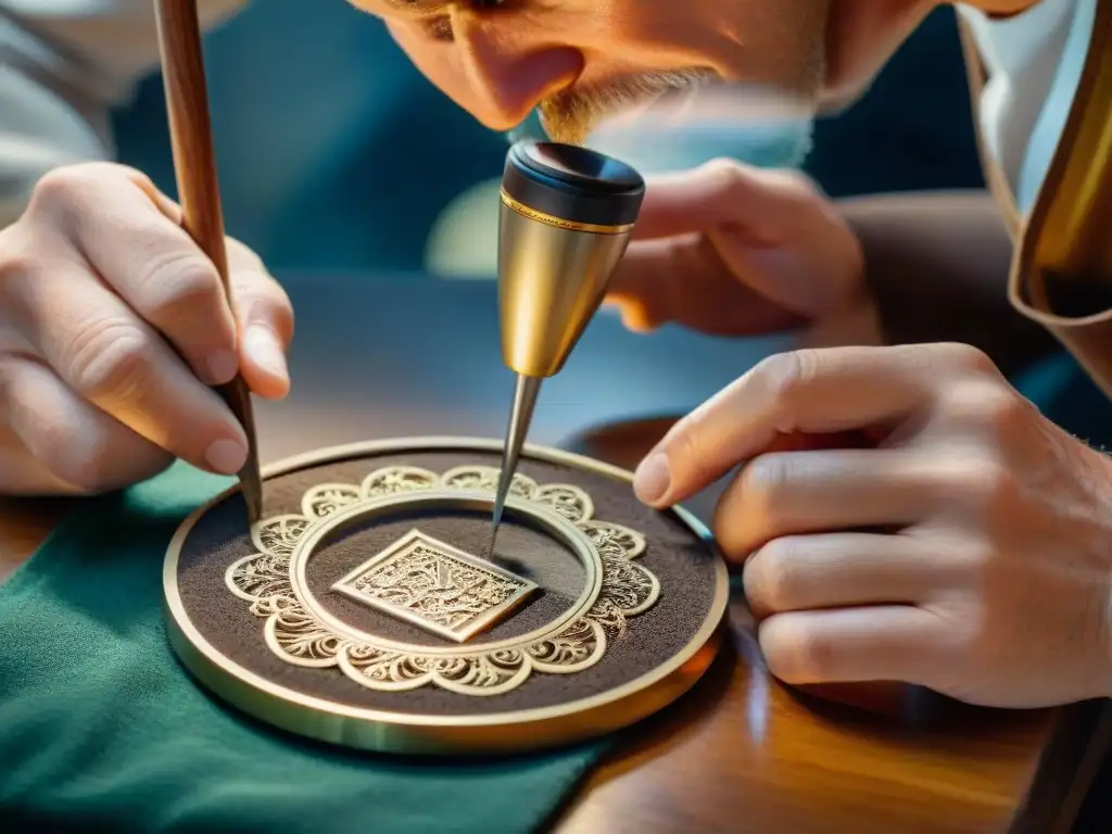 Restauración artesanal de reliquia centenaria: precisión y dedicación Un artesano restaura con delicadeza un artefacto antiguo dañado bajo una lupa, mostrando precisión y dedicación