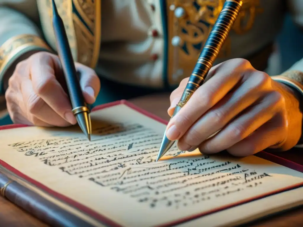 Un artesano restaurando con delicadeza caligrafía en un manuscrito antiguo, resaltando el rescate de manuscritos antiguos preservados