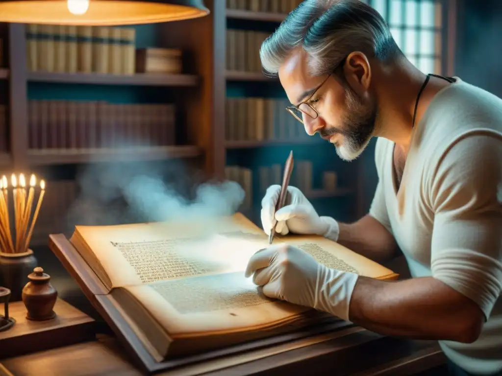 Un artesano restaura con delicadeza un manuscrito antiguo bajo luz suave, resaltando detalles y ambiente histórico