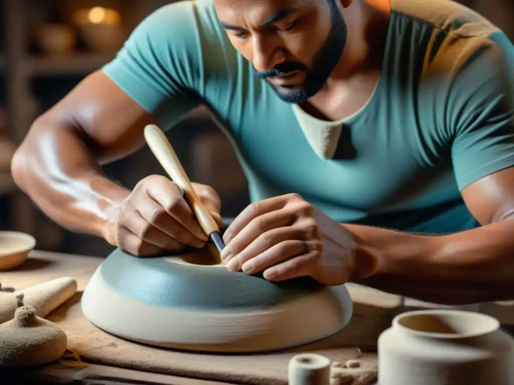 Restauración artesanal: reviviendo historia con delicadeza Un artesano restaura con destreza un antiguo artefacto cerámico en su taller, resaltando la meticulosa restauración de artefactos antiguos dañados