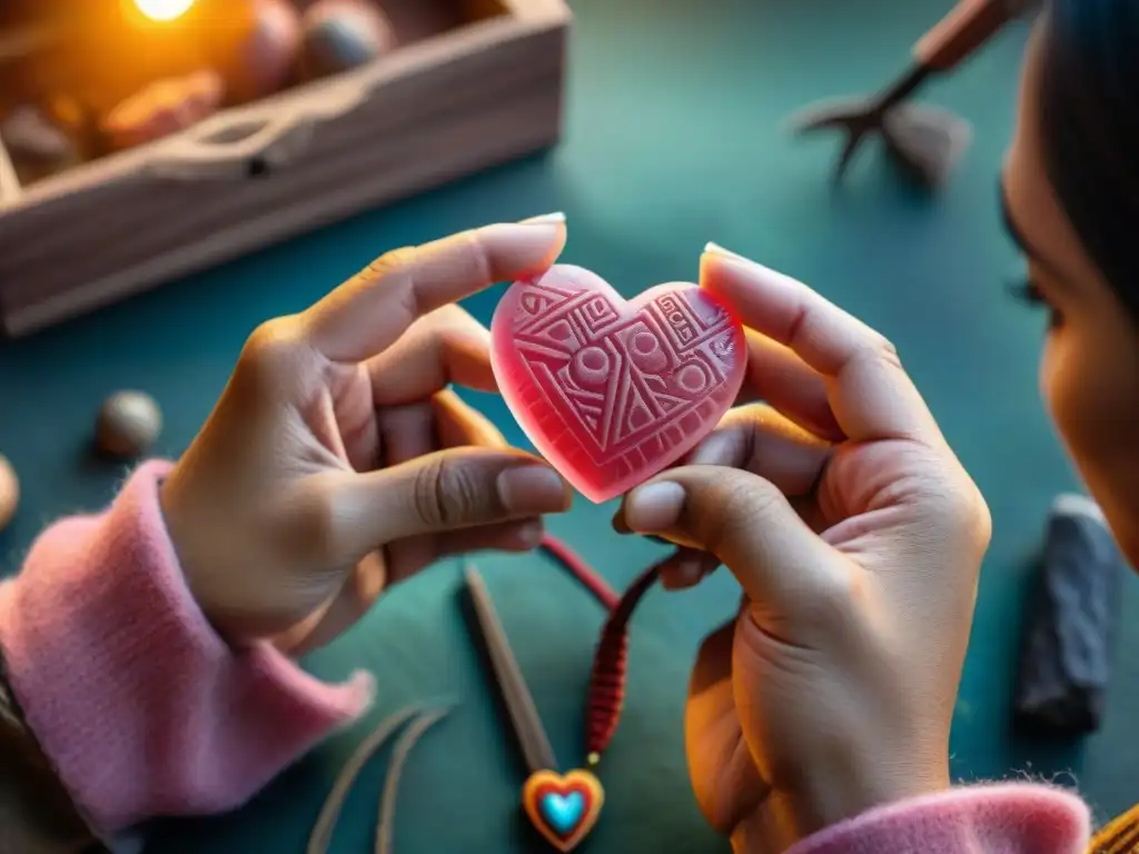 Artesano tallando con destreza una rodocrosita en un colgante en forma de corazón, con símbolos incas, en taller con aura mística