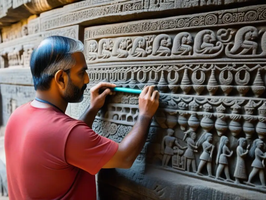 Un artesano esculpe con devoción en los templos subterráneos Ellora, creando esculturas detalladas y espirituales