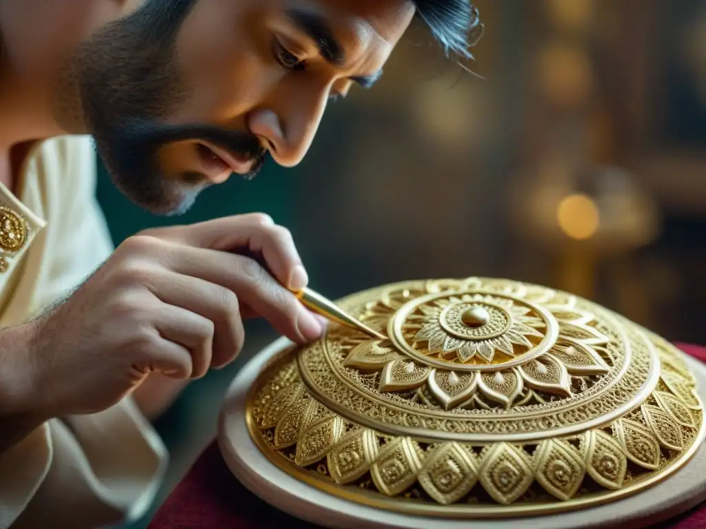 Restauración detallada de arte antiguo: experto en filigrana dorada Un artesano restaura con precisión filigrana dorada en artefacto antiguo, destacando la meticulosidad en la restauración de tesoros históricos