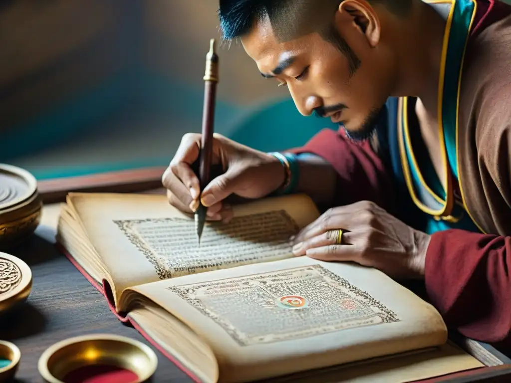 Un artesano restaura con esmero un antiguo manuscrito sagrado tibetano, destacando la meticulosidad en la restauración de estos textos invaluable