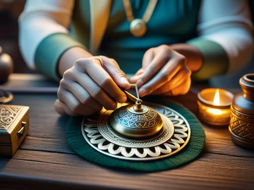 Un artesano experto creando amuletos de protección para viajeros en un taller misterioso y lleno de cultura