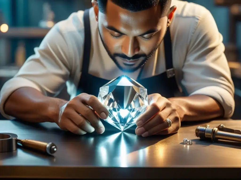 Un artesano experto coloca cuidadosamente un cristal brillante en un diseño de plata, desprendiendo energía positiva en joyería de cristales