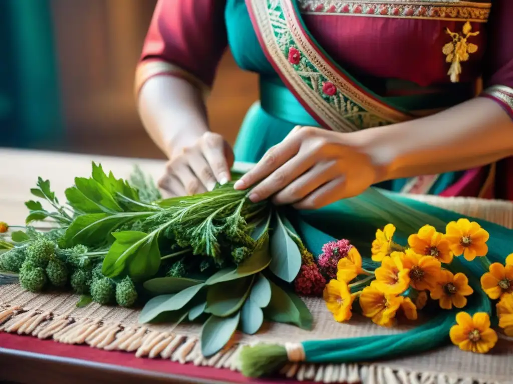 Un artesano experto teje con delicadeza hierbas y flores en una vestimenta ritual, fusionando tradición y artesanía con aromas vibrantes