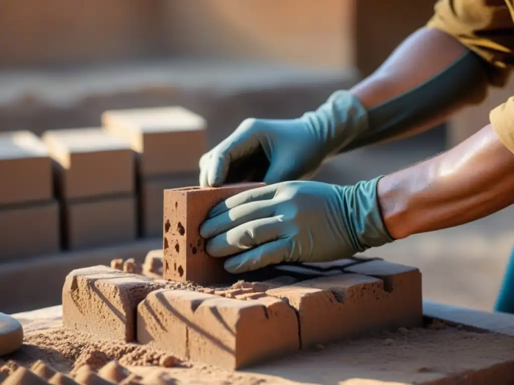 Artesano experto elaborando ladrillos de adobe a mano bajo el sol brillante de un sitio de construcción rústico