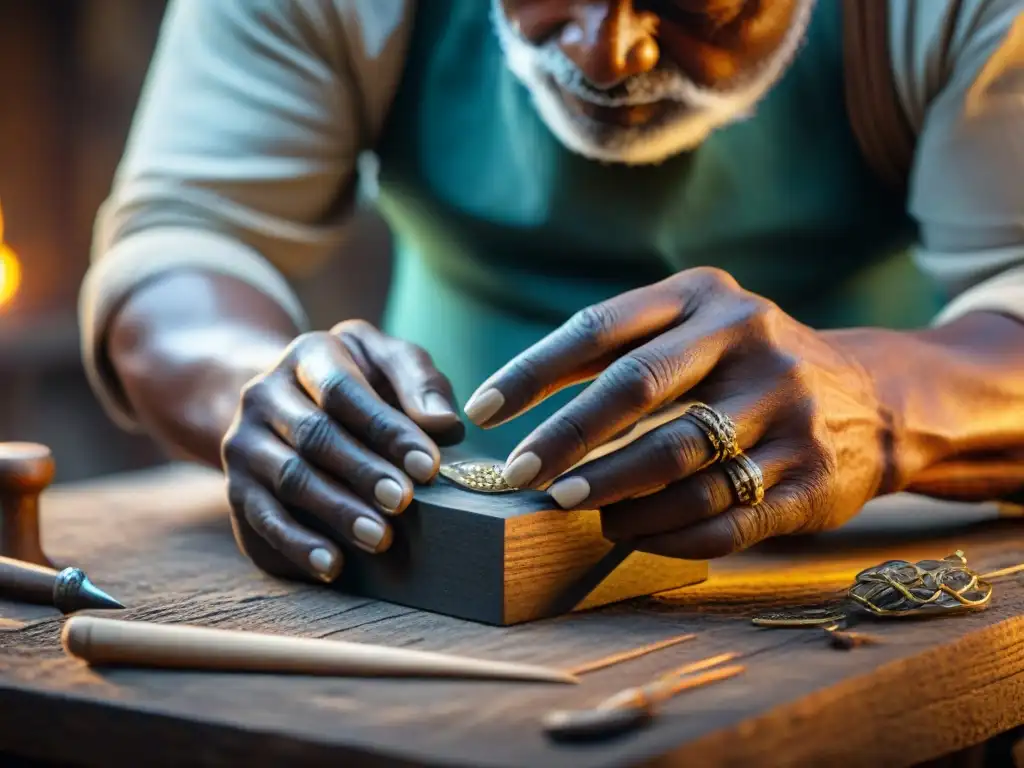 Un artesano experto moldeando talismanes de buena fortuna en un taller misterioso y lleno de sabiduría ancestral