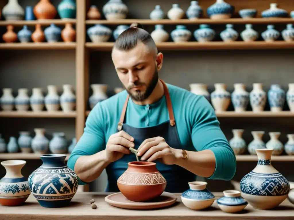 Un artesano experto en una tradicional cerámica eslava, decorando una pieza con colores vibrantes, rodeado de vasijas y herramientas