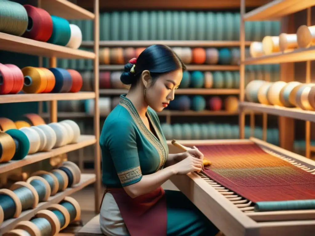 Un artesano habilidoso tejiendo patrones en un textil antiguo, rodeado de hilos vibrantes y artefactos históricos