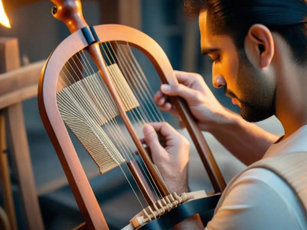 Artesano reconstruye minuciosamente una lira griega antigua en taller oscuro, destacando la belleza y sonido en instrumentos musicales antiguos