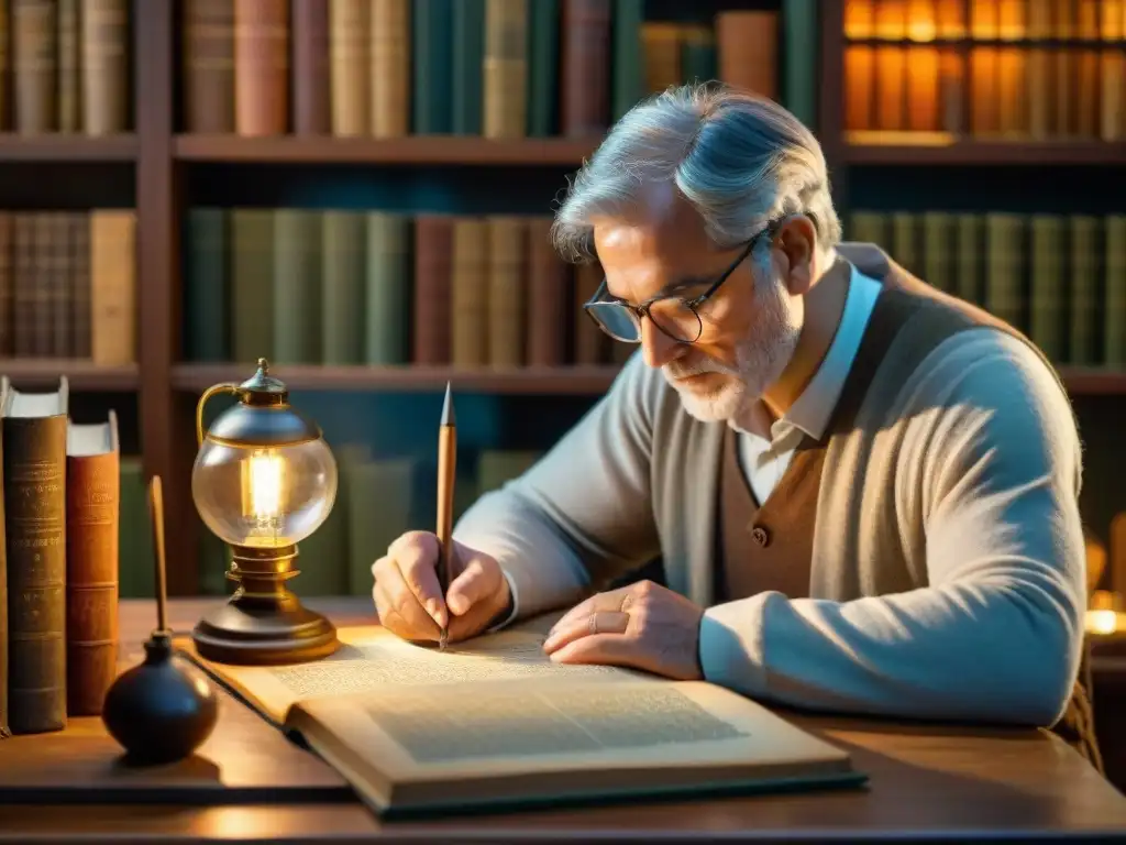 Un artesano restaura con maestría un manuscrito centenario en un laboratorio de conservación, iluminado por una lámpara de escritorio