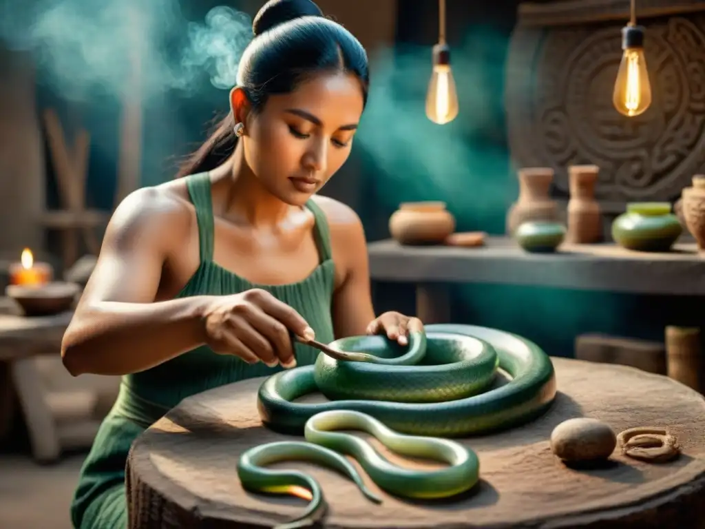 Un artesano maya talla un amuleto de jade en forma de serpiente, destacando el significado cultural de los amuletos de serpiente en la antigüedad