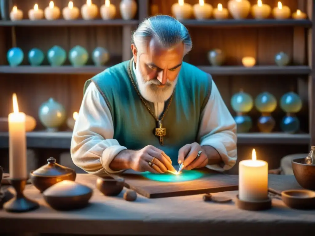 Un artesano medieval esculpe un ópalo bajo la luz de velas en su taller, reflejando la mística de la piedra preciosa ópalo en civilizaciones antiguas