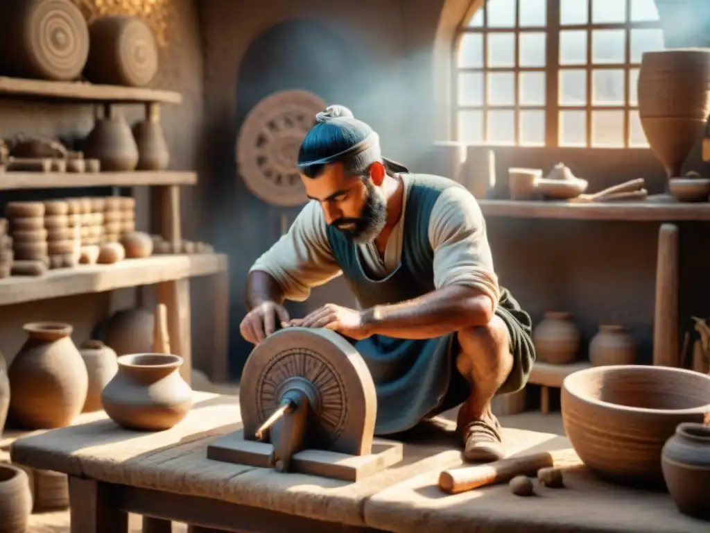 Artesano mesopotámico creando rueda de madera en taller histórico