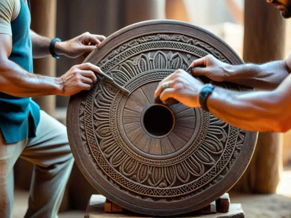 Un artesano mesopotámico tallando una rueda de madera con herramientas antiguas, resaltando la importancia de la rueda en Mesopotamia