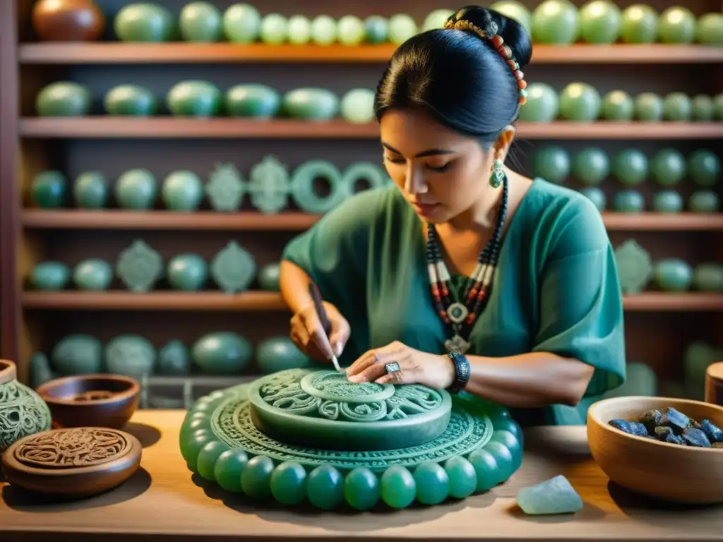 Un artesano mixteco tallando diseños en jade, reflejando la riqueza cultural del arte y escritura mixteca