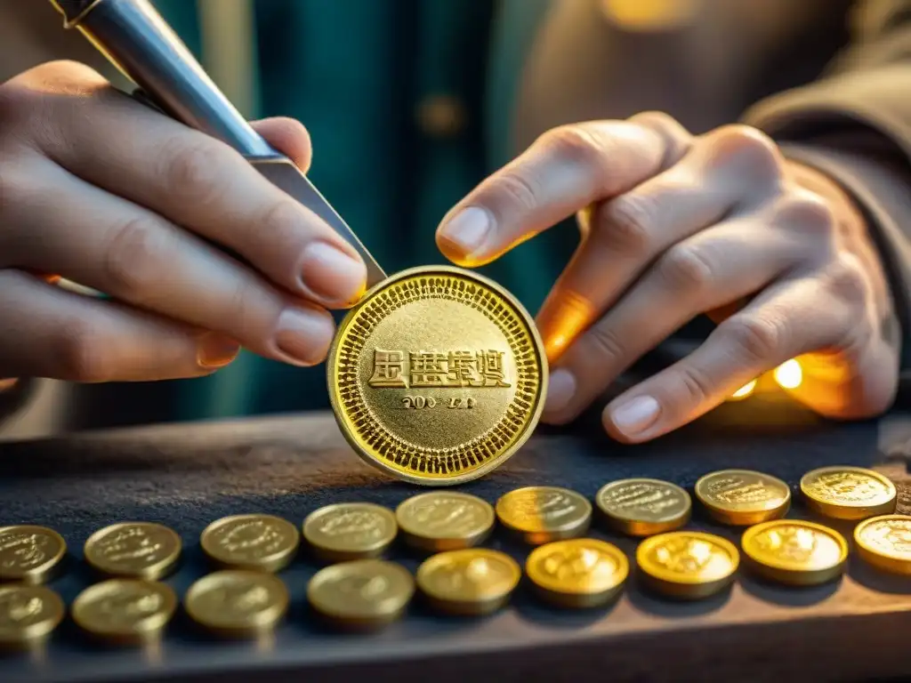 Hábil artesano moldeando una moneda de metal precioso en una antigua casa de moneda