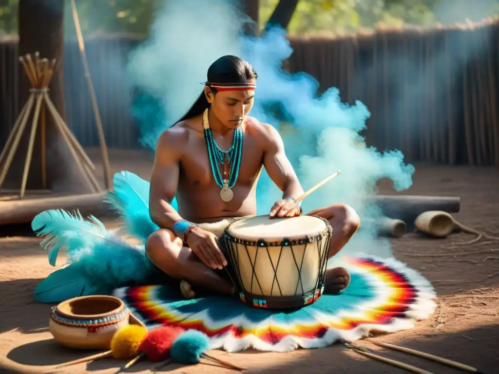 Un artesano nativo elaborando un tambor sagrado entre plumas y herramientas, reflejando tradición y espiritualidad