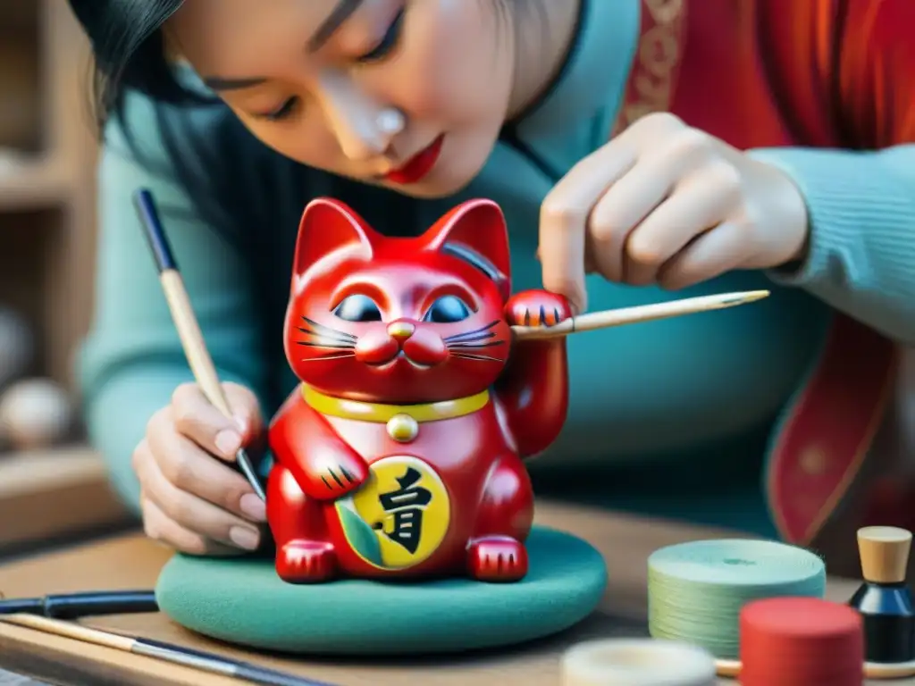 Artesano pintando ojos de Manekineko rojo, símbolo de buena suerte