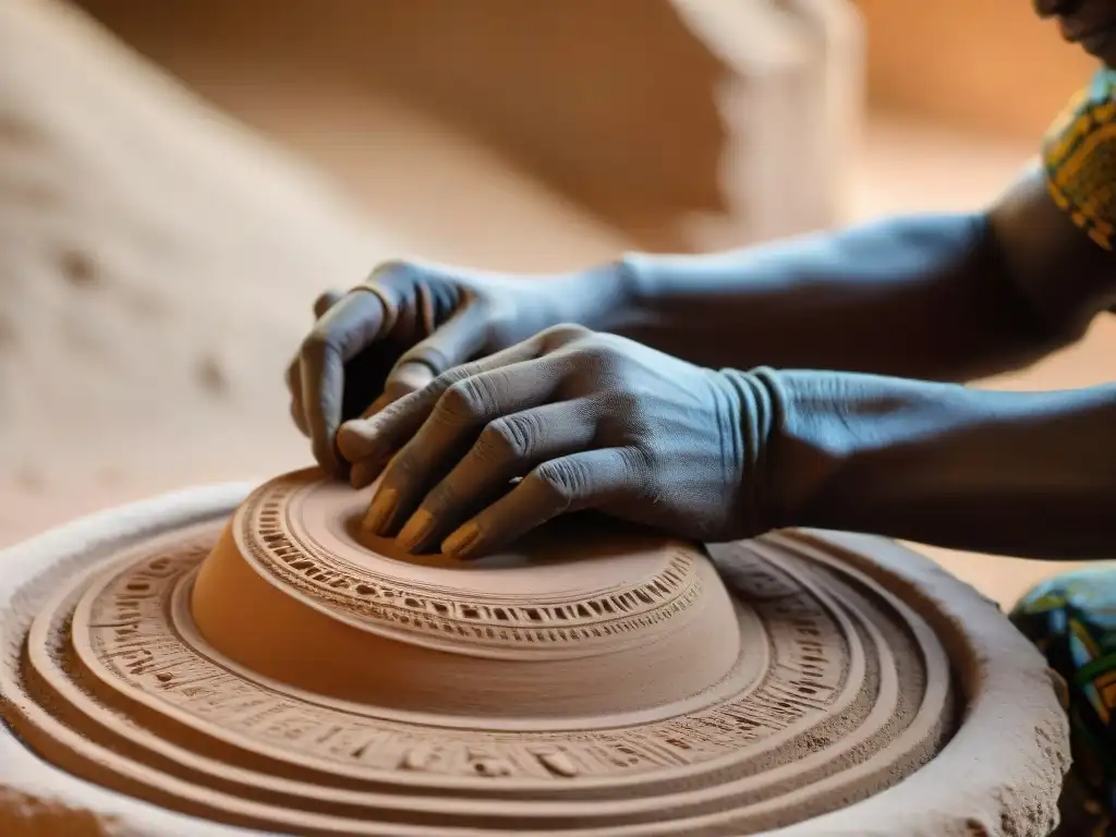 Artesano en el Palenque de Djenné moldea barro en Mali, mostrando la tradicional alfarería africana