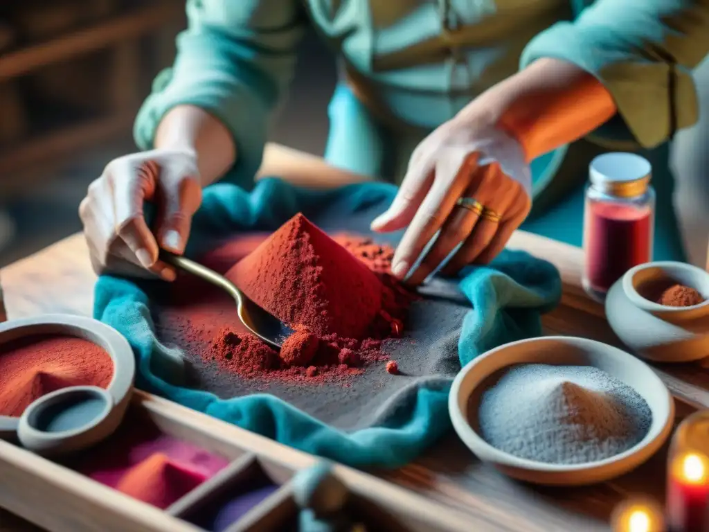 Un artesano extrae pigmento rojo de mineral, rodeado de herramientas antiguas