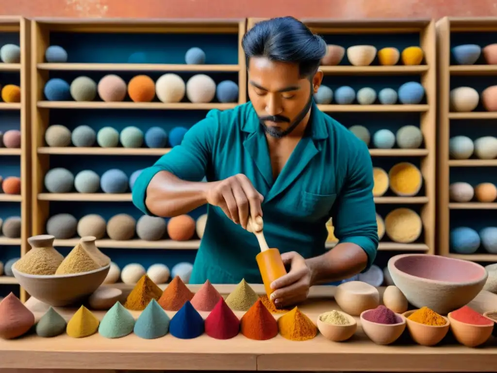 Artesano preparando pigmentos de arte antiguo con mortero y mano pestle, rodeado de colores vibrantes y materiales naturales