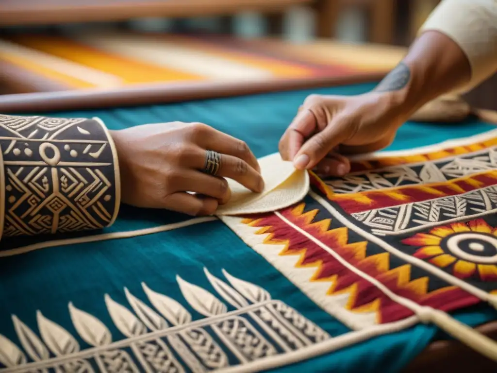 Un artesano polinesio elabora un tapa con patrones tradicionales y símbolos culturales