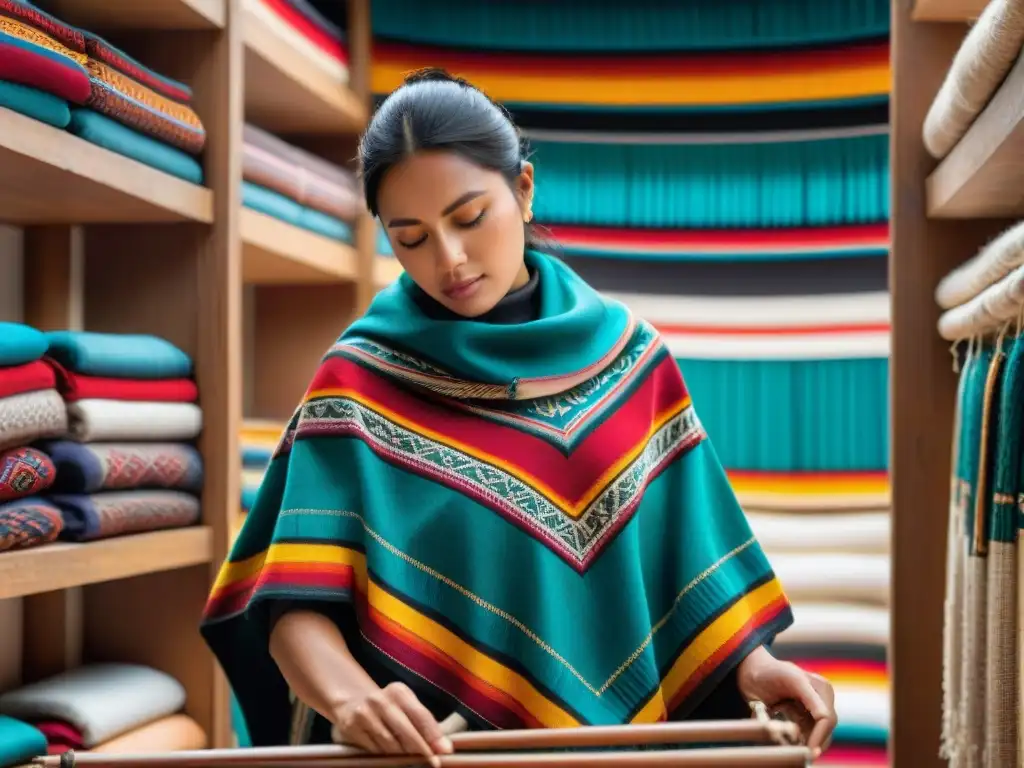 Un artesano teje meticulosamente un poncho andino rodeado de textiles vibrantes y artefactos antiguos