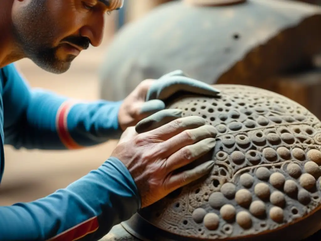 Restauración meticulosa de antiguo arte Artesano restaurando con precisión un artefacto antiguo dañado, revelando patrones e colores