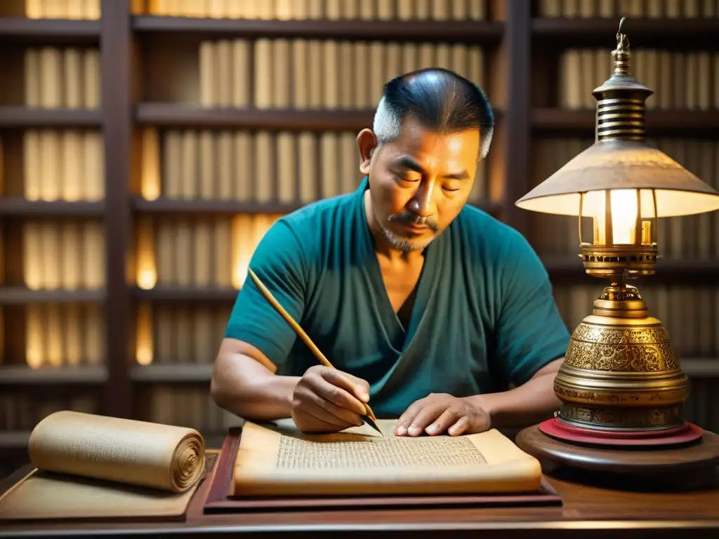 Un artesano restaura con reverencia un antiguo manuscrito tibetano, resaltando la delicadeza y precisión en el proceso de restauración