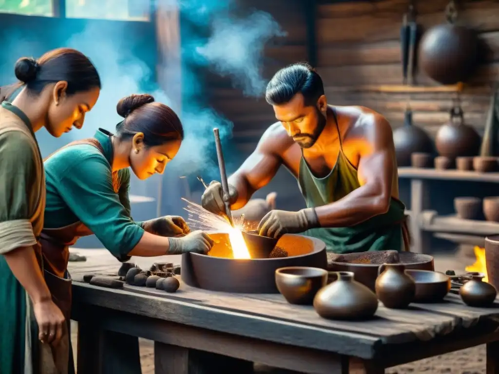 Artesanos antiguos en taller, creando arte en bronce