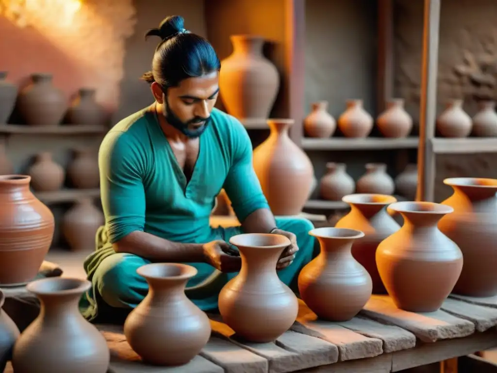 Artesanos crean cerámica en la India Antigua, fusionando arte y función en un taller colorido y auténtico