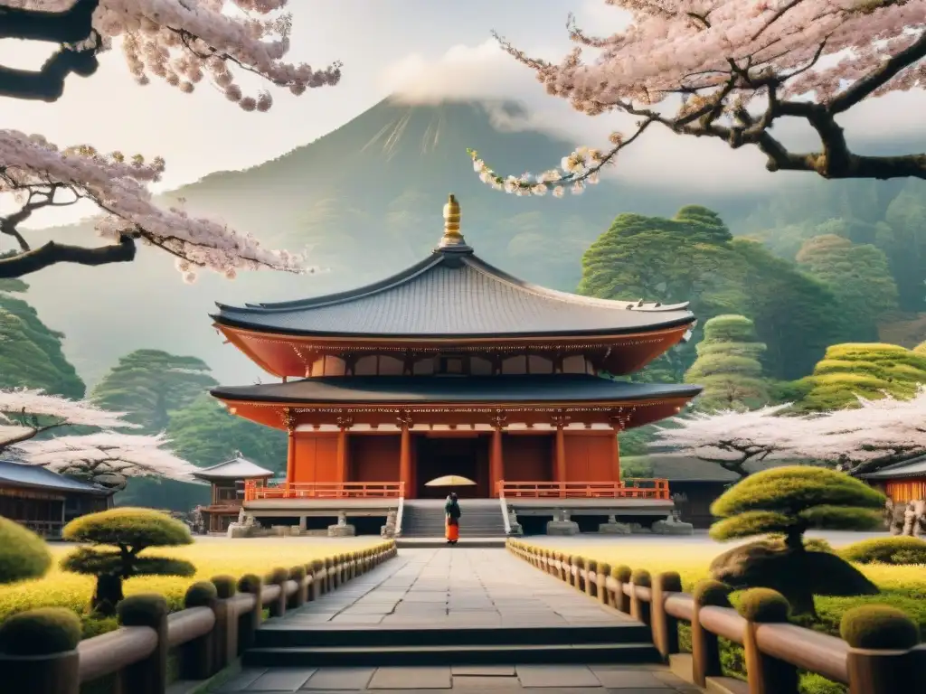 Artesanos restauran con cuidado un antiguo templo Shinto en Japón tras desastre natural, rodeados de árboles de cerezos en flor