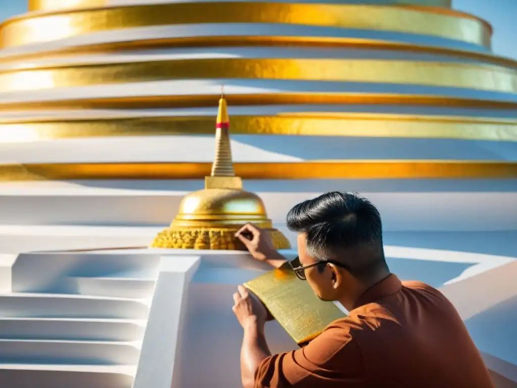 Artesanos aplicando con destreza láminas de oro a un majestuoso stupa budista, renovación que simboliza paz y rejuvenecimiento espiritual