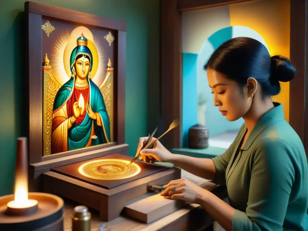 Artesanos crean iconos religiosos en taller iluminado, expresiones concentradas y colores vibrantes