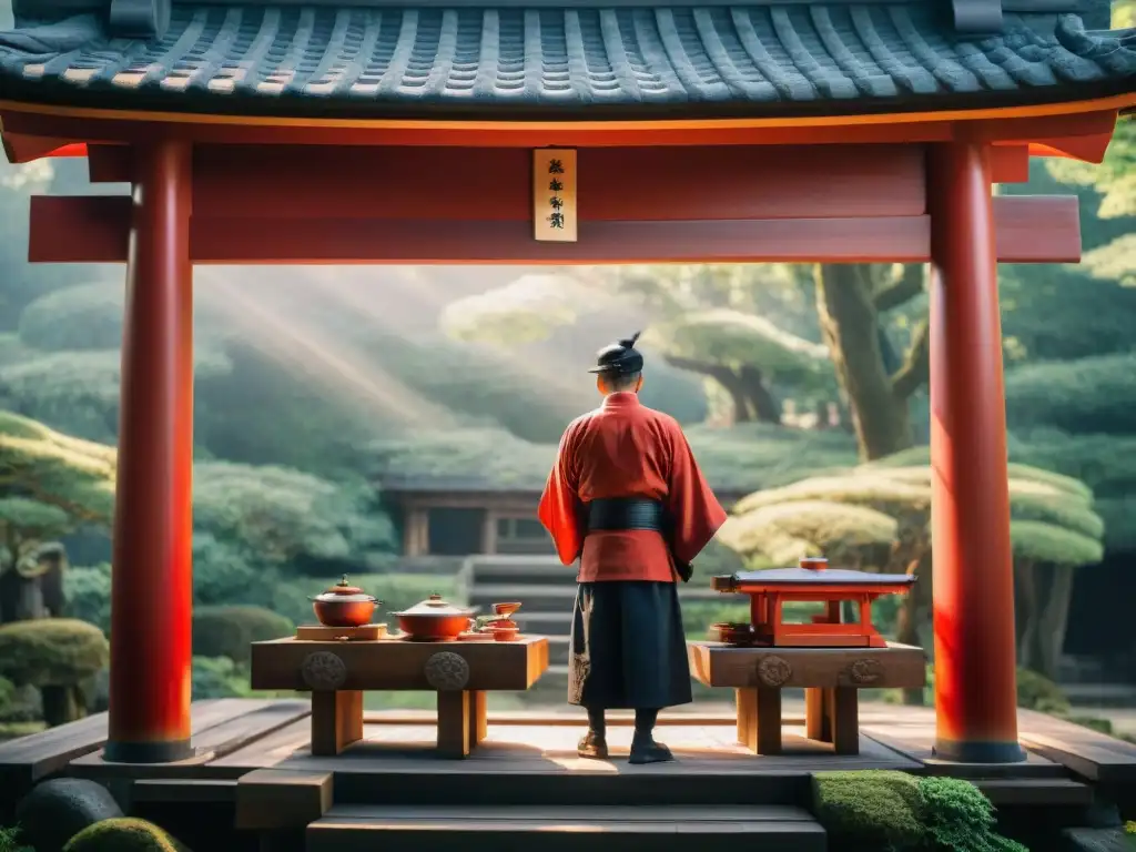 Artesanos restaurando templo Shinto en Japón con pintura roja vibrante en tallados de madera, rodeados de naturaleza