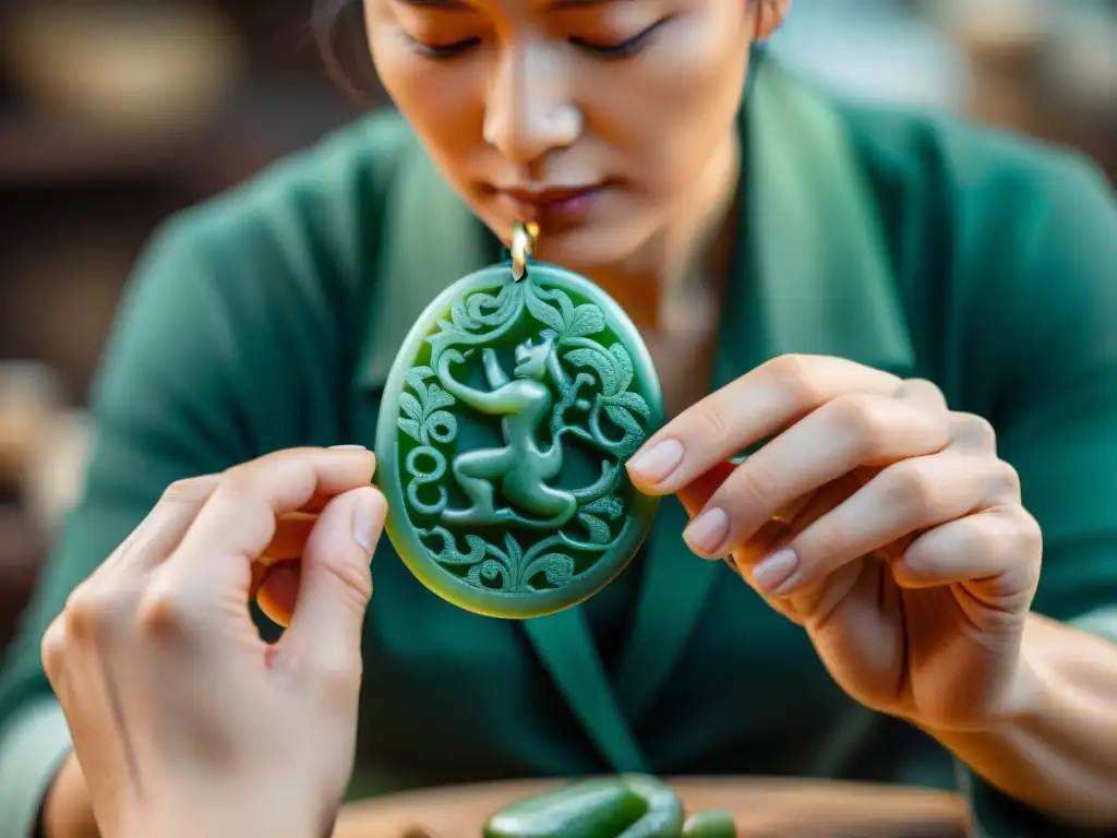 Artista restaurando amuleto de jade antiguo, muestra detalles intrincados