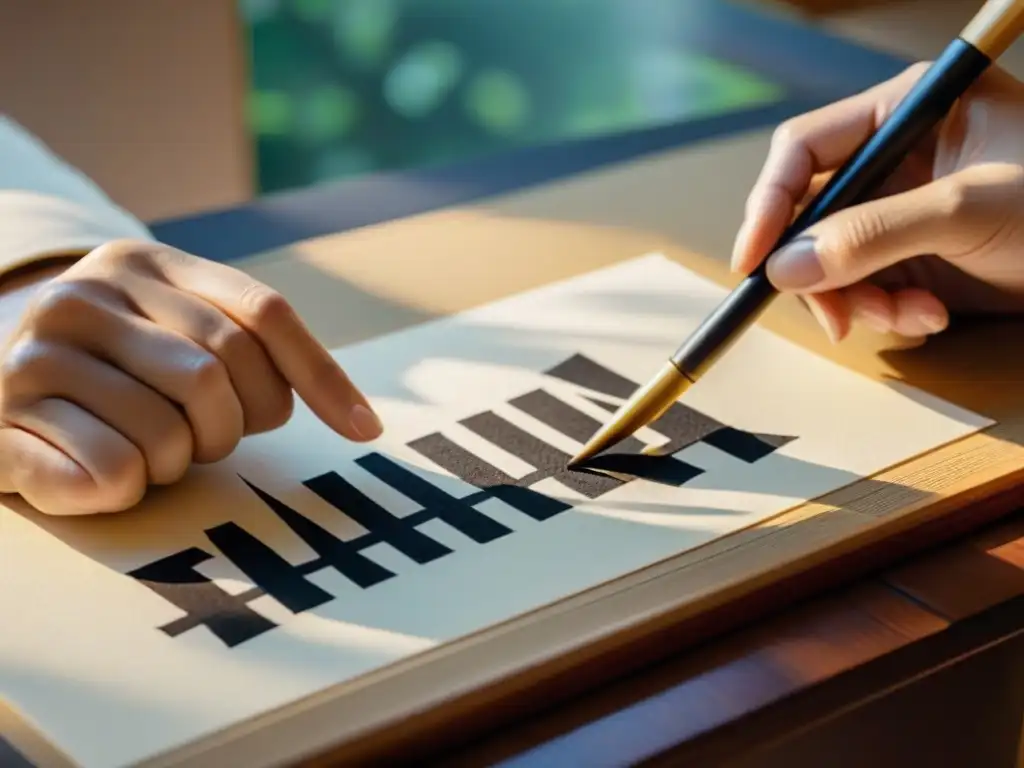 Maestro de caligrafía japonesa escribiendo kanji con gracia en papel washi Un artista de caligrafía japonesa escribe kanji con elegancia en papel washi, con luz solar filtrándose por una pantalla shoji