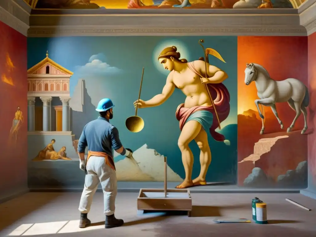 Artista contemporáneo restaurando frescos antiguos Pompeya hoy, mezclando técnicas en edificio moderno