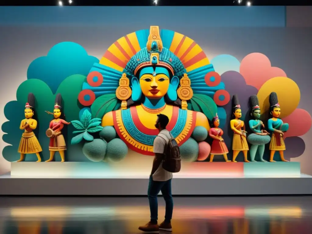 Un artista contemporáneo recreando una mural Maya en una galería moderna