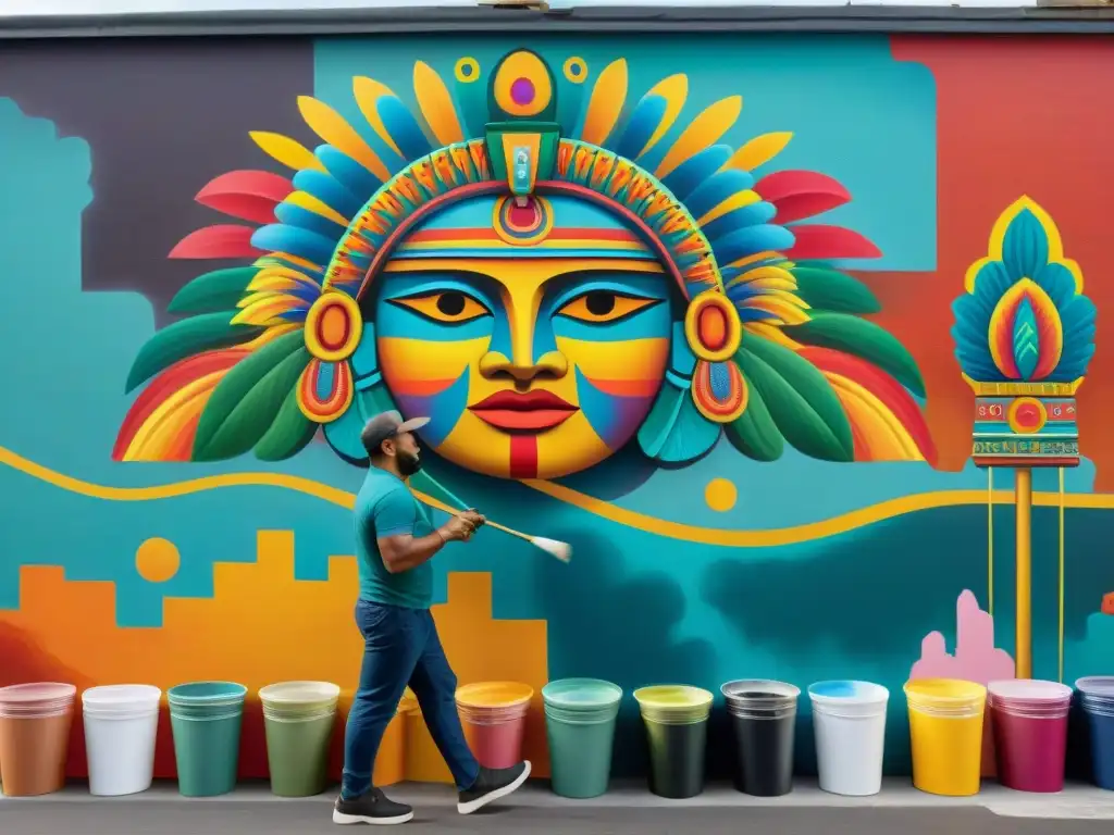 Un artista contemporáneo pintando un mural vibrante inspirado en arte antiguo Mesoamérica, en una calle de la ciudad