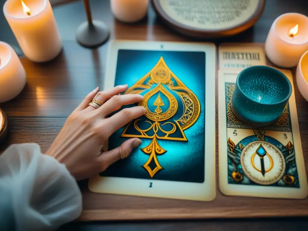 Un artista pinta con detalle una carta del Tarot, rodeado de símbolos y velas, evocando el significado profundo de las Cartas del Tarot