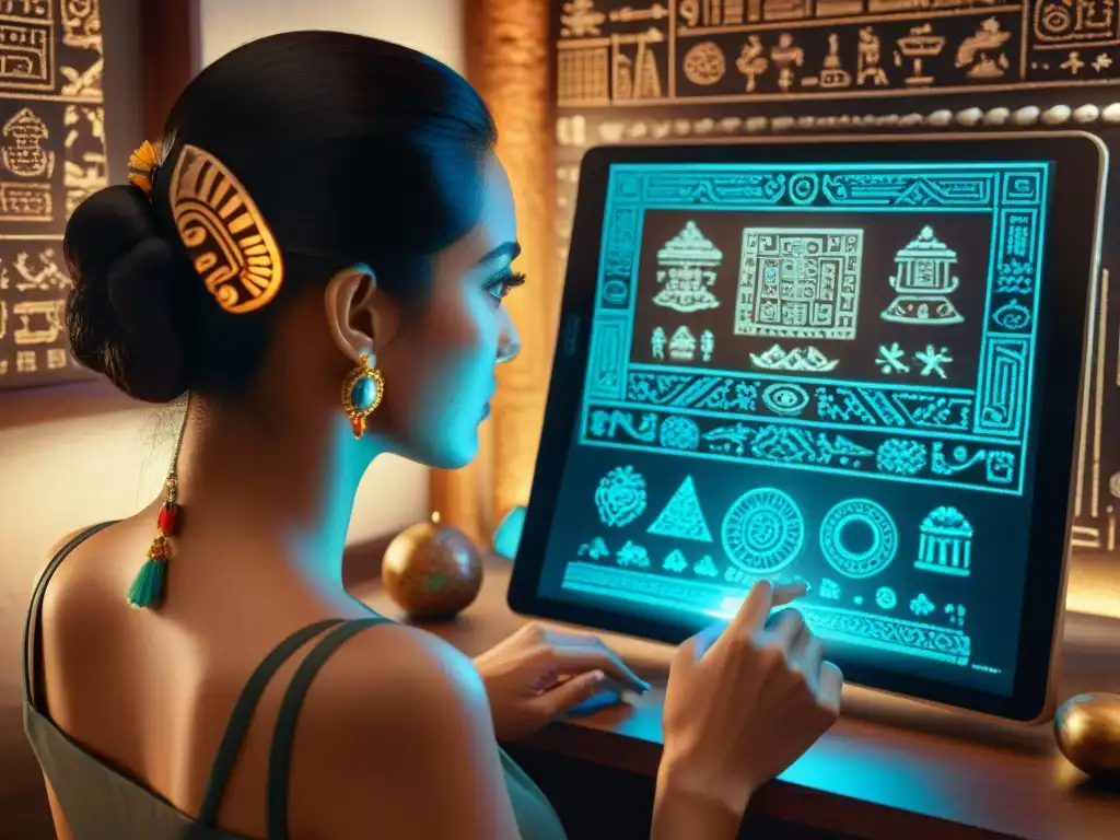 Artista digital recrea con detalle una codex mesoamericano en pantalla, fusionando tradición y tecnología