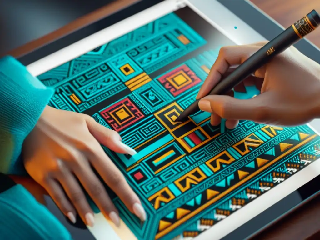 Un artista digital fusiona motivos aztecas y tecnología en un diseño gráfico vibrante