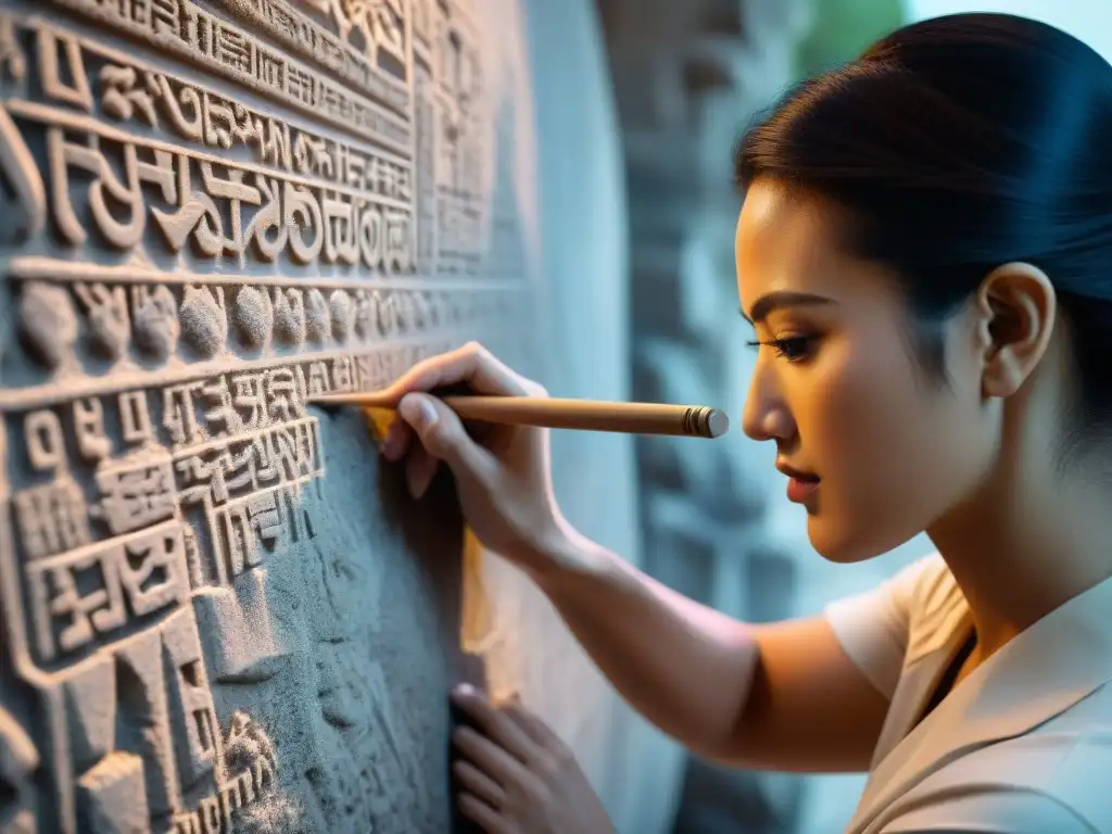 Escultura cuneiforme: artista tallando con maestría en piedra Un artista hábil talla meticulosamente diseños inspirados en la escritura cuneiforme en una tableta de piedra, fusionando arte antiguo y contemporáneo
